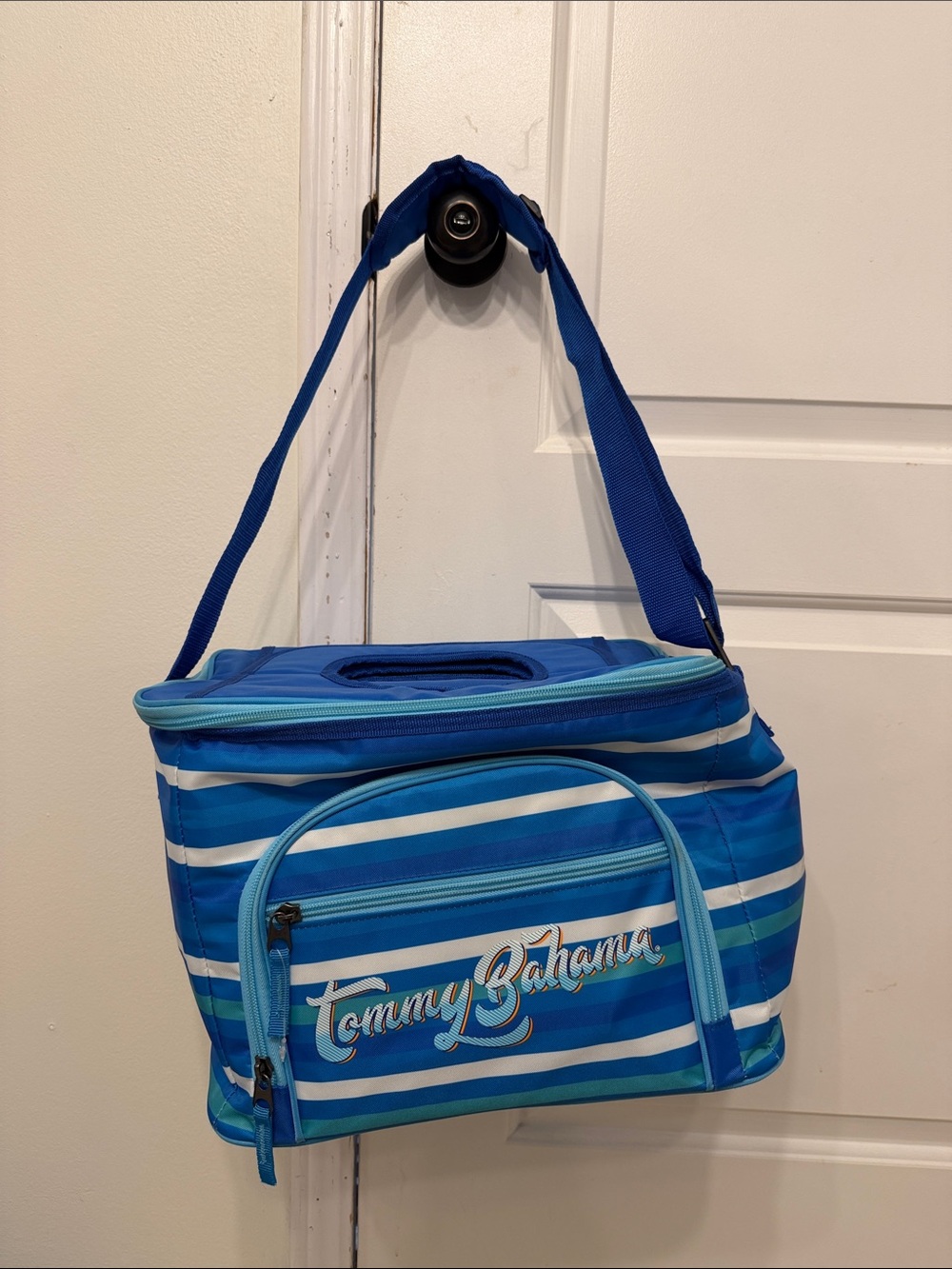 Tommy Bahama Blue and Aqua Striped Insulated Lunch Cooler